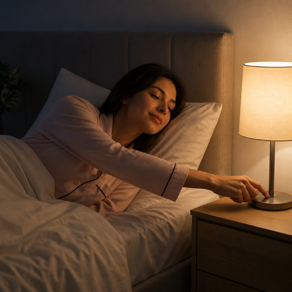 Mulher apaga a luz para dormir.